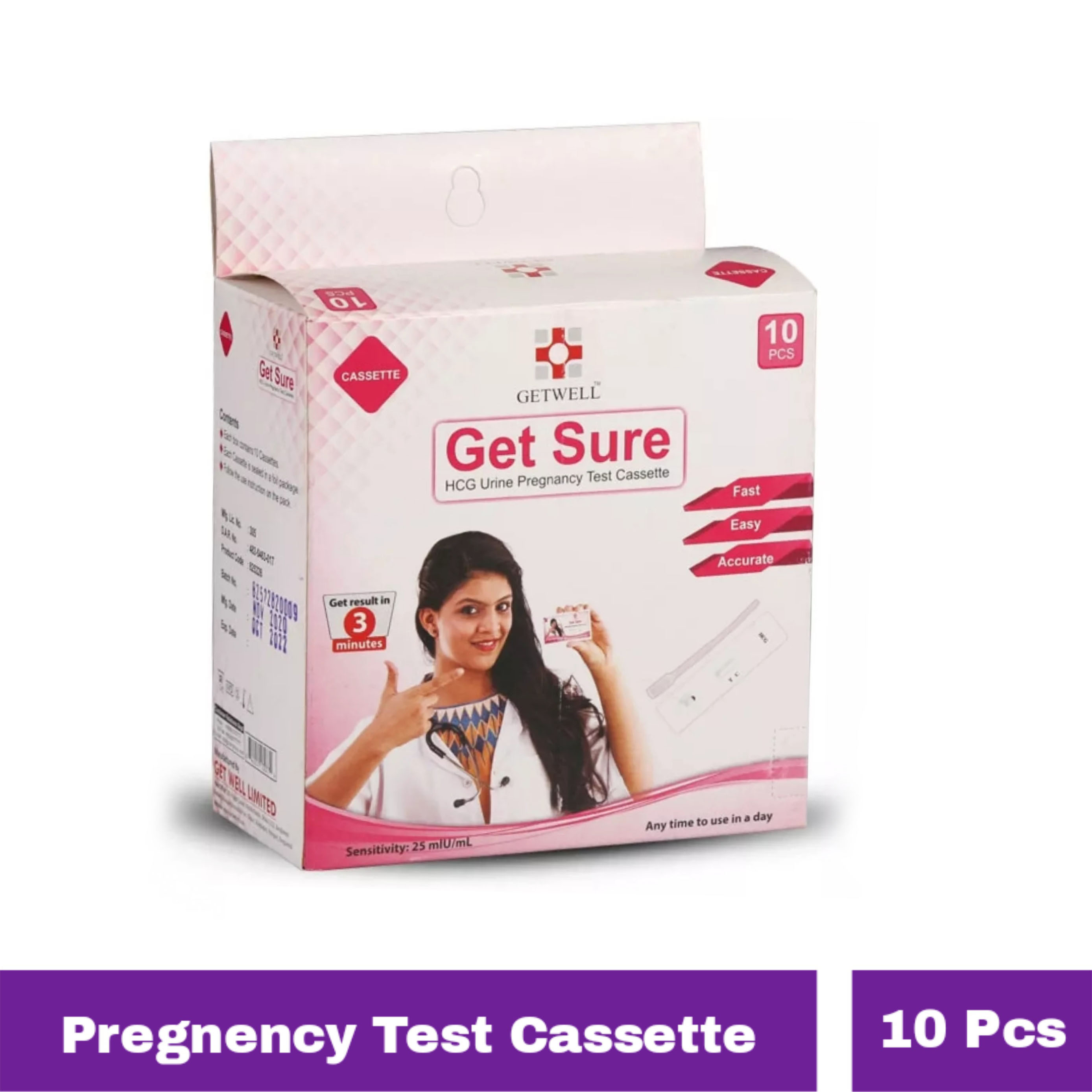 10 Pcs Get Sure Pregnancy Test Cassette Device Kit - Urine HCG Check Strips [Full Box-Display Type]